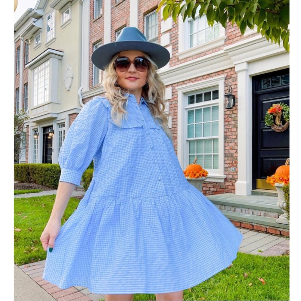 NWOT Sandy Liang Blue Gingham 3/4 Sleeve Dress - Picture 10 of 12